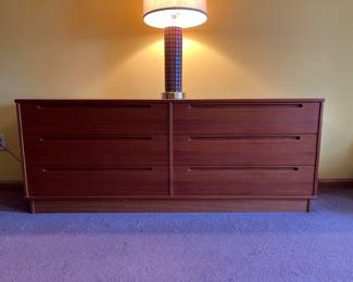 Midcentury teak low boy dresser
Midcentury lamp- there is one large lamp and 2 matching smaller lamps