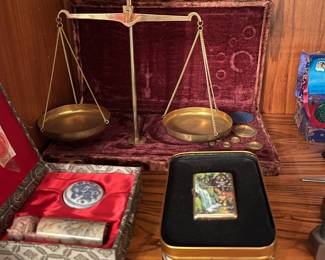Antique brass scale, decor items