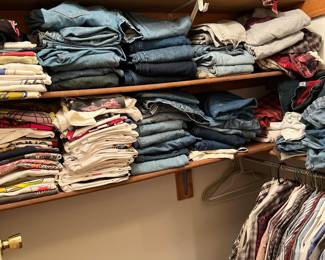 Jeans, T shirts, plaid shirts, hats,
These are going to be like a men’s small/medium