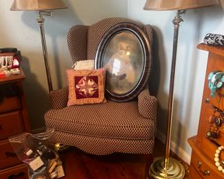 Vintage wingback chairs , photos, brass lamps