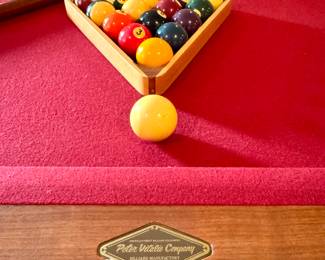 SOLD; Peter Vitale pool table with red felt and pocket fringe, includes all accessories and ping pong table topper; close up details