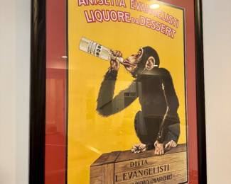 SOLD; vintage lithograph framed poster of "Anisetta Evangelisti Liquore da Dessert" by Carlo Biscaretti Di Ruffia; 33x42