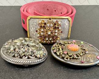 $120; set of three custom made belt buckles and pink suede belt