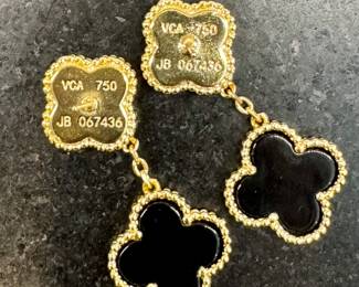 $3500; authentic Van Cleef and Arpels black onyx and 18K clover drop earrings; missing original box; view of stamped hallmarks on back side, includes purity and serial numbers