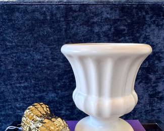 SOLD; Pottery Barn gold-toned peanut box; 4x2.      $38; Arhaus urn planter; 6x7