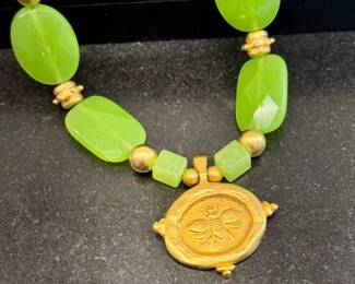 $100; Susan Shaw bee Intaglio necklace with green stones