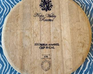 SOLD; original wine barrel lid as a lazy susan; 22"d