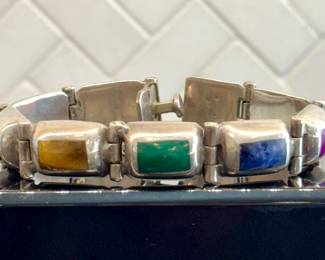 SOLD; sterling silver inlaid multi gemstone bracelet