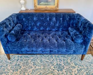 SOLD; designer-exclusive, custom, tufted blue velvet couch with two roll pillows; paid $15,000 new; 72x34x35