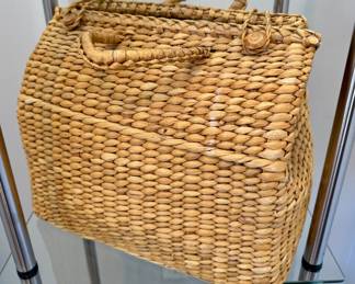 SOLD; basket bag with woven handles and latches; 13x8x10