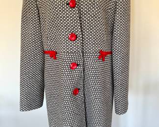 $32; Sara Campbell black and white wool coat with red accents; size 12