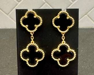 $3500; authentic Van Cleef and Arpels black onyx and 18K clover drop earrings; missing original box; stamped hallmarks on back side, includes purity and serial numbers