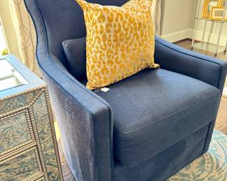 SOLD - Custom chairs by Expressions in a beautiful, modern, stately design with high back, swivels; one needs to be reupholstered due to pet damage--one is recommended to have spot cleaning--29x26x40.     $80 each (1 available); custom, down throw pillows with gold animal print; 16x16