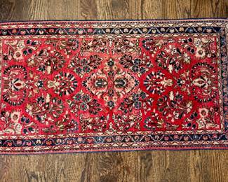 $450; wool, hand-knotted, fringed throw rug, with some desired patina; 2'x4'