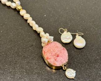 $80; genuine pearl necklace with rough rose quartz pendant.      $28; genuine pearl drop earrings.