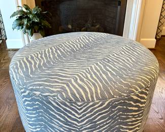 SOLD; zebra patterned blue and cream round ottoman; 37"dx19"h