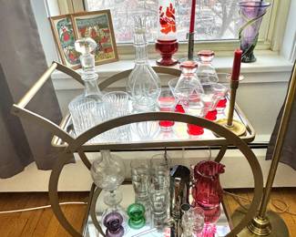 Glass brass and mirrored vintage bar cart with original casters