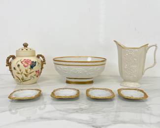 Lot 1468 Vintage Lenox Carolina Collection Porcelain Pitcher  Antique Carlsbad Porcelain Potpourri Vase  Vintage Mottahedeh Oval Centerpiece Bowl  Vintage Italian Espresso Saucers