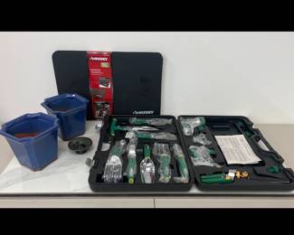 Lot 1660 Flower Gallery Gardening Tools in Case  Husky Kneeling Pad  Glazed Ceramic Garden Pots