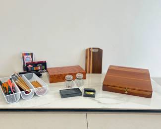 Lot 1339 Antique Glass  Brass Inkwells  Wood Writing Lap Desk  Lacquered Jewelry Box  Striped Wood Clipboard  Art Supplies
