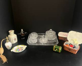 Lot 1266 Vintage Vanity Set  Vintage Perfume Bottle  Aynsley Fine Bone China Perfume Atomizer  Paloma Picasso Perfume  Green Luggage Trinket Box  Sewing Kit Boxes  Herend Hungary Porcelain Ashtray