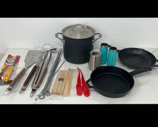 Lot 1650 Calphalon 8 Qrt Lidded Pot  Lodge Nexgrill Cast Iron Pans  Barbeque Utensils  Corkcicle Wine Glasses