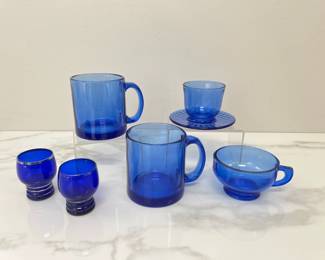 Lot 1592 Cobalt Blue Glass Coffee Mugs  LE Smith Cobalt Blue Depression Double Shield Design Glass Cup  Vintage Cobalt Blue Condiment Cup  Cobalt Blue Silver Trim Small Glasses