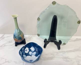 Lot 1768 Vintage Porcelain Blue  White Floral Design Bowl Fitz  Floyd Camellia  Blue Crystal Glaze Porcelain Vase  Green Glass Centerpiece