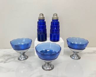 Lot 1586 Art Deco Ziggurat Hazel Atlas Skyscraper Cobalt Blue Salt Shakers  Vintage Cobalt Blue Royal Lace Sherbert Cups