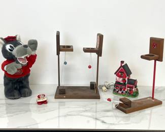 Lot 1620 NC State Wolfpack Basketball Toss Wooden Games  NC State Wolfpack Lighted House  Animated Musical Plush NCSU Mascot  Painted Rock Football Player