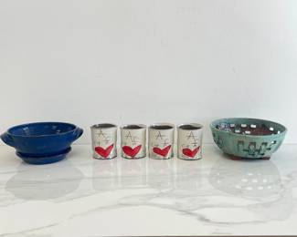 Lot 1270 ZPots Handmade Heart Cups  Vintage Pottstown Colander  Grove Studio Pottery Bowl
