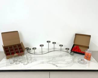 Lot 1658 Wavy Metal Tea Light Candelabra  Glass Votive Holders  Battery Operated Tea Lights