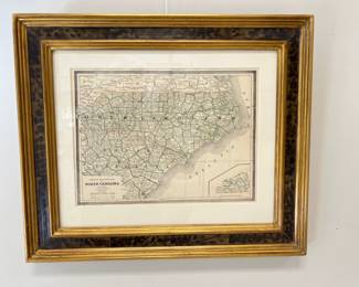 Lot 1665 Vintage Framed Art Railroad and County Map of North Carolina
