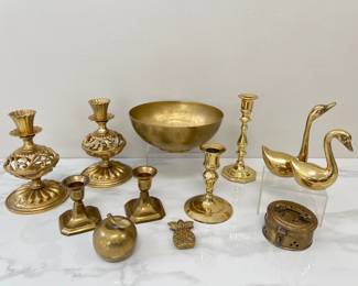 Lot 1636 Metal CandleStick Holders  Brass Candlestick Holder  Metal Swans  Vintage Round Brass Trinket Box Brass Apple Bell  Pineapple  Brass Bowl