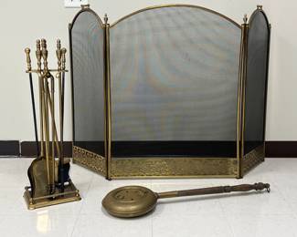 Lot 1659 Brass Fireplace Tools  Screen  Brass Bed Warmer