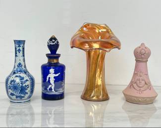Lot 1466 Vintage Imperial Carnival Art Glass Jack in the Pulpit  Vintage Schafer  Vater Pink Bisque Porcelain Figural Lady Hatpin Holder  Vintage Mary Gregory Cobalt Blue Perfume Bottle  Delft Blue Vase