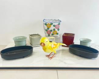 Lot 1340 Mid Century Japanese Oval Ceramic Bonsai Planters  RectangularRound Planter Pots  Vintage Bird Watering Can