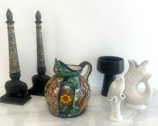 Lot 1276 Mexican Talavera Pottery Frog Pitcher  Dartmouth Pottery Gurgle Fish Jar Porcelain Bird Vase  Black Ceramic Pedestal BowlPlanter  Elephant Column Figurines
