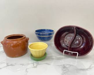 Lot 1628 Vintage Marcrest Stoneware Divided Vegetable Bowl  Vintage Shawnee Planter  Vintage Brown Bean Pot  Clay City Blue Mixing Bowl