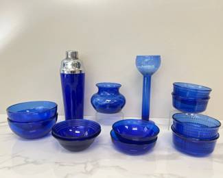 Lot 1595 Cobalt Blue Glass Bowls  Cobalt Blue Cocktail Shaker  Cobalt Blue Vases  Candle Holders