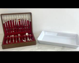 Lot 1337 Emile Henry France Gastron Baking Dish  Mixed Silverplate Flatware