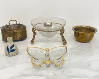 Lot 1638 Brass Trinket Box  Vintage Butterfly Candy Dish  Brass Bowl with Bamboo Etching  Glass Crackle Bowl in 3 Leg Embossed Bows Brass Stand