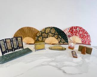 Lot 1267 Antique William Tonks  Sons Cast Brass Victorian Art Nouveau Desk Companion Inkwell Set  Brass Trinket Box  Green Marble Tray  Chinese Painted Egg  Wood Fabric Fans