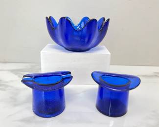 Lot 1585 Vintage Cobalt Blue Lowell Glass Top Ashtray  Blue Cobalt Top Hat  Vintage Blenko Lotus Art Glass Bowl