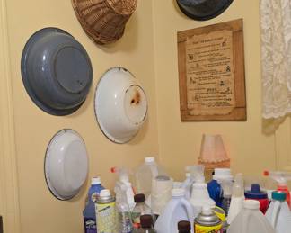 Enamel Pans, Basket, Cleaning Products, Wood Sign