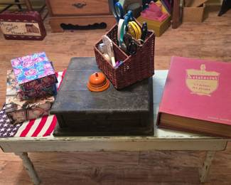 Stamp Collection, Wood Antique Box, Bench, Bell