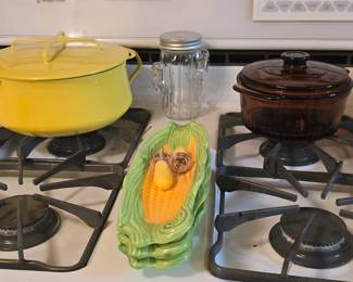 Enamel Pan, Corn Holders, Amber Glass Pan