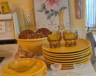 Stoneware Dishes, Vintage Bowl, Sign, Amber Vase Glasses