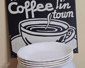 Metal Sign, Bowls, White Wood Stand