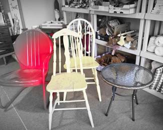 Metal Lawn Chair, Patio Table, Wood Chairs